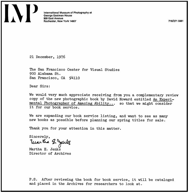 David E. T. Howard Photographer George Eastman House Letter
