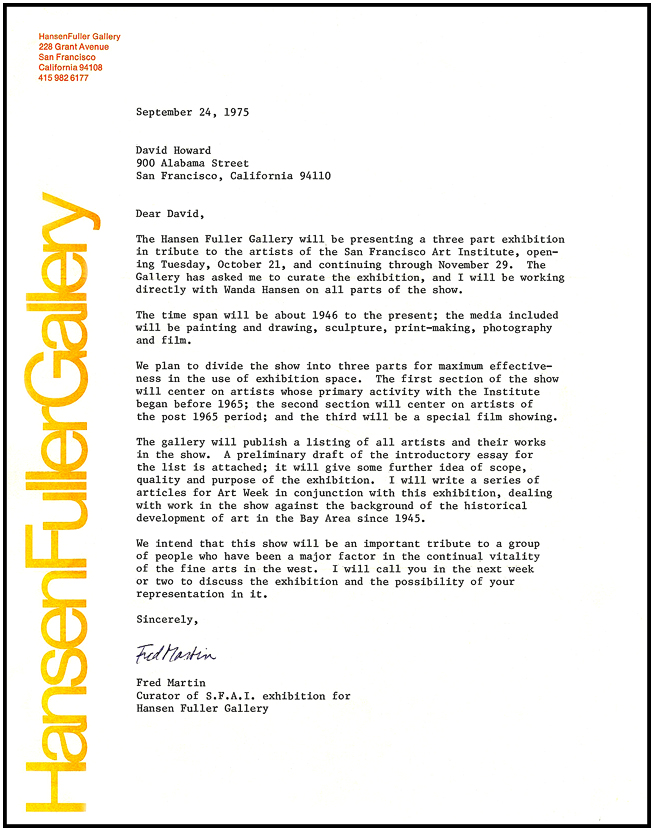 DAVID E. T. HOWARD PHOTOGRAPHER HANSEN FULLER GALLERY EXHIBITION LETTER