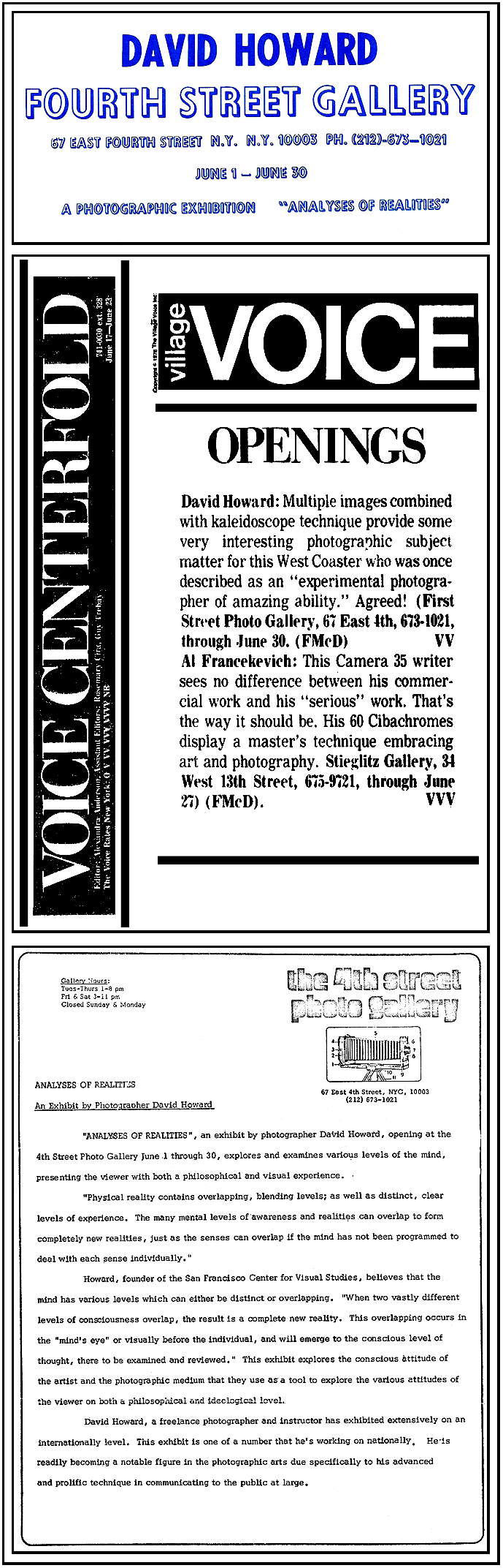 David E. T. Howard Photographer Fourth Street Gallery Announcement, Village Voice Review & Press Release