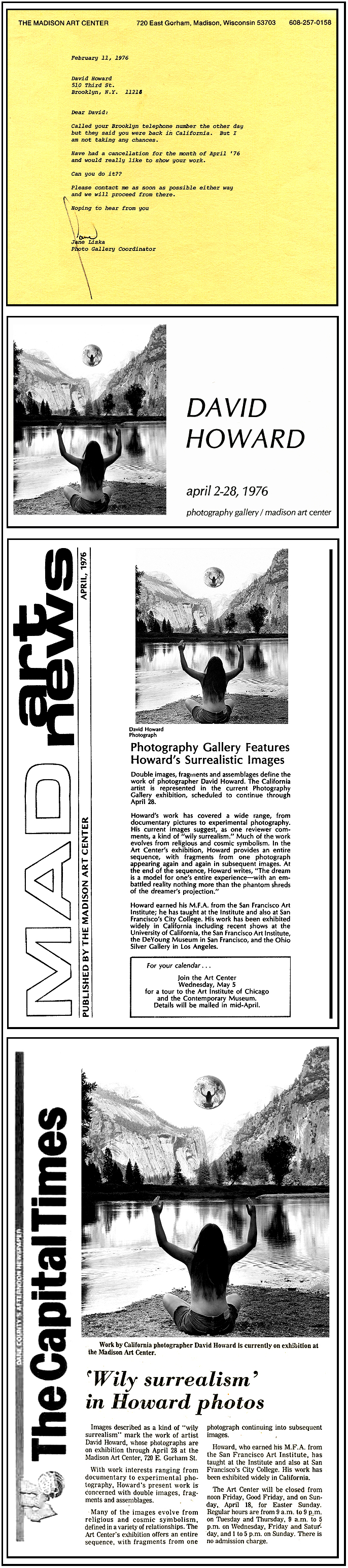 David E. T. Howard Photographer Madison EXhibition Reviews, Poster, and Letter