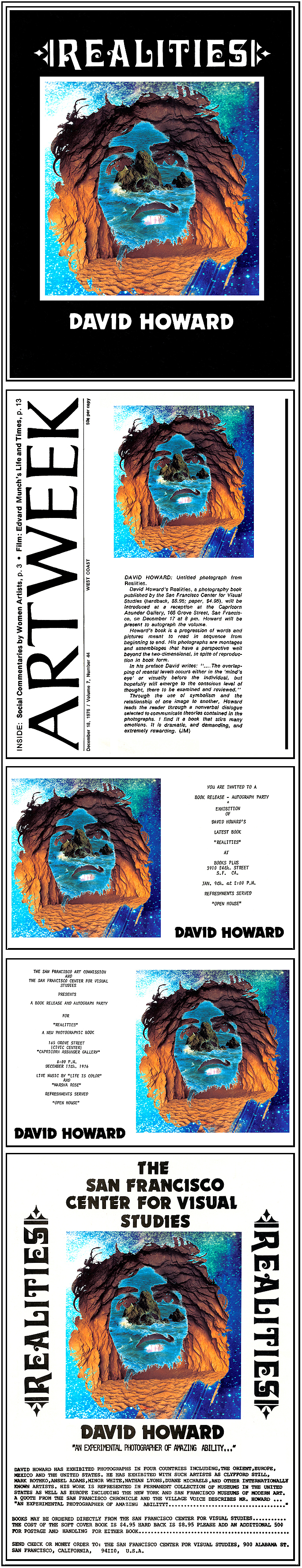 David E. T. Howard Photography Realities Book Cover, Artweek Review, An Advertisement, and Two Invitations