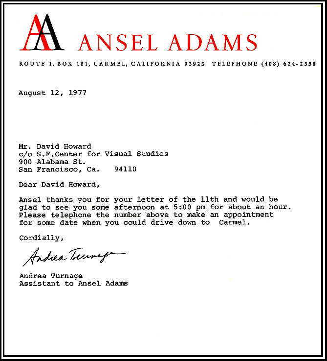 David E. T. Howard Photographer Ansel Adams Letter