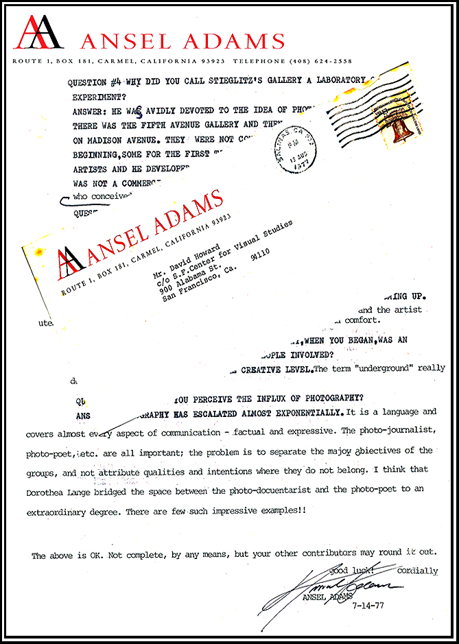 David Howard Photography Ansel Adams Letter