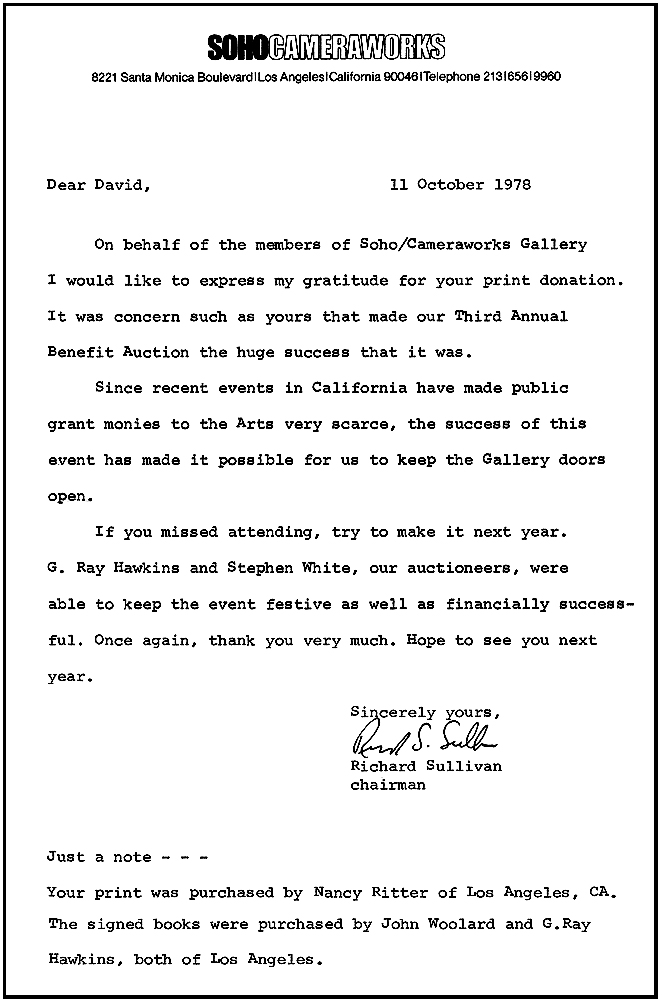 David Howard Photography L.a. Auction Letter of Recognition