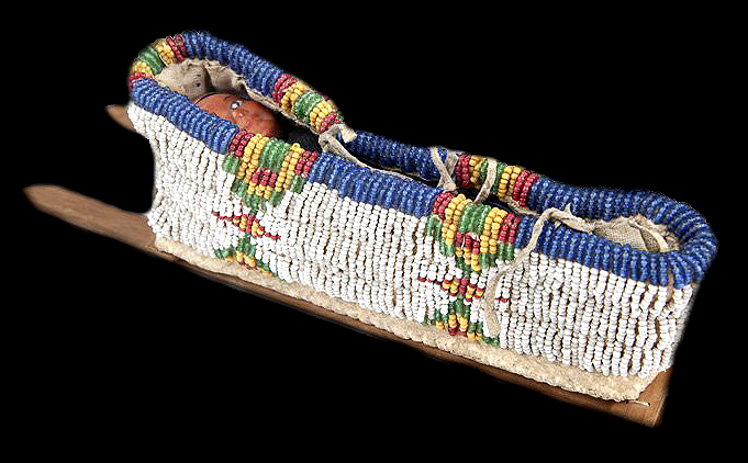 SIOUX BEAD HIDE TOY CRADLE AND DOLL DAVID HOWARD TRIBAL ART