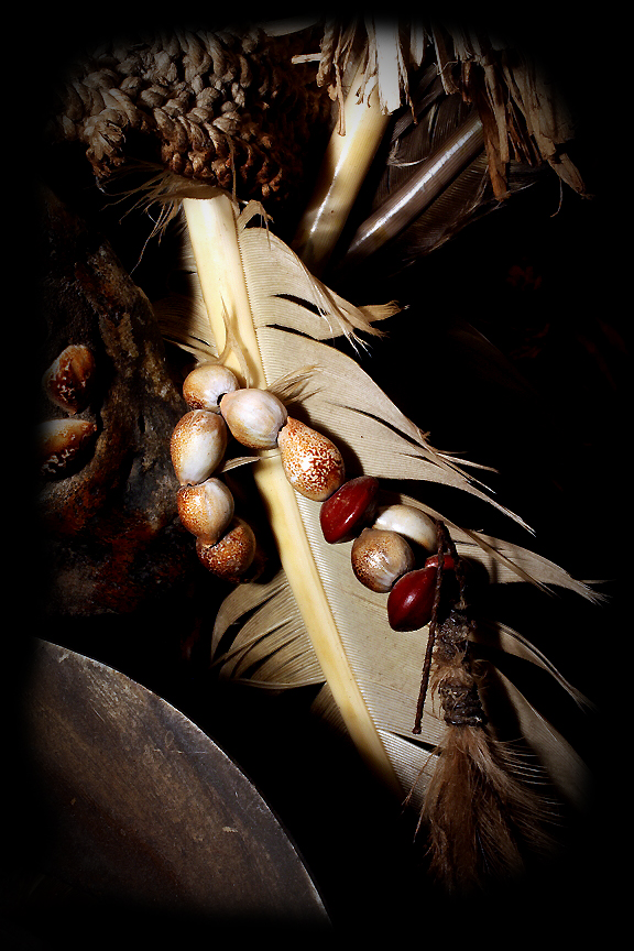 David Howard Tribal Art Asmat Decorated Human Skull Seed and Feather detail