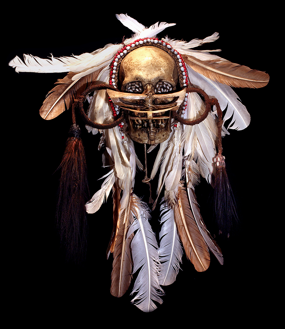 ASMAT SKULL DECORATED IN BONE NOSE RINGS AND FEATHERS
